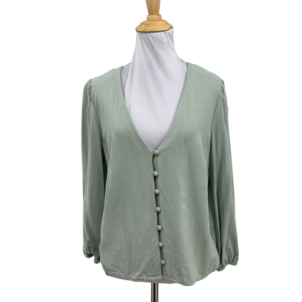 Marine Layer Blouse Womens S Small Sage Stacy Long Sleeve Button Up Elastic Cuff
